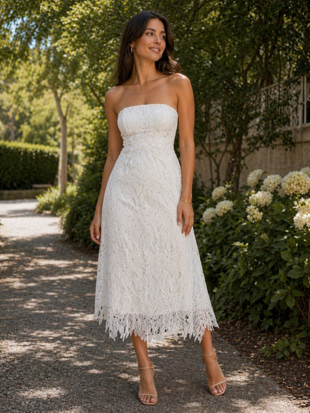 Adelyn Rae Strapless White Lace Midi Tea Dress Small